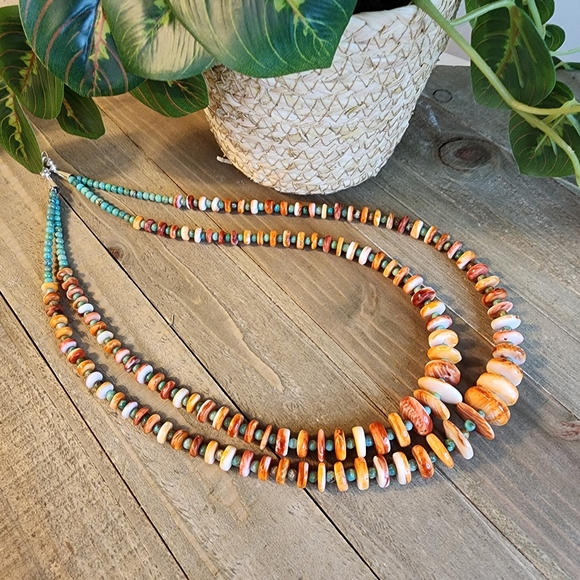 Navajo Helen Little Turquoise & Spiny Oyster Heishi 25" Double Strand Necklace - Picture 2 of 14